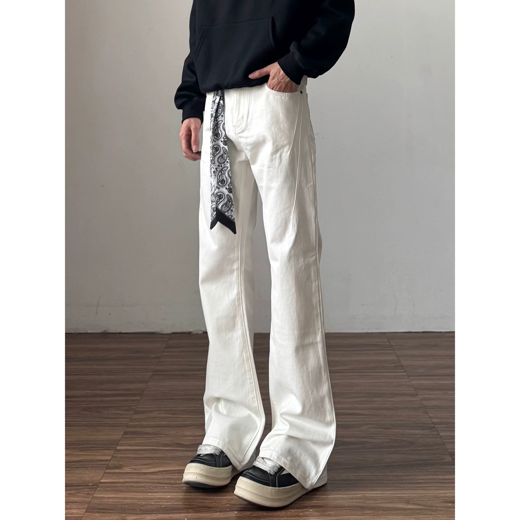Men’s Vintage Scarf Detail Flare Jeans – American High Street Denim Pants B0074
