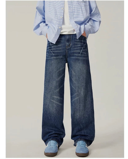 Men’s Vintage Washed Wide-Leg Jeans – American Retro Streetwear Denim T0138