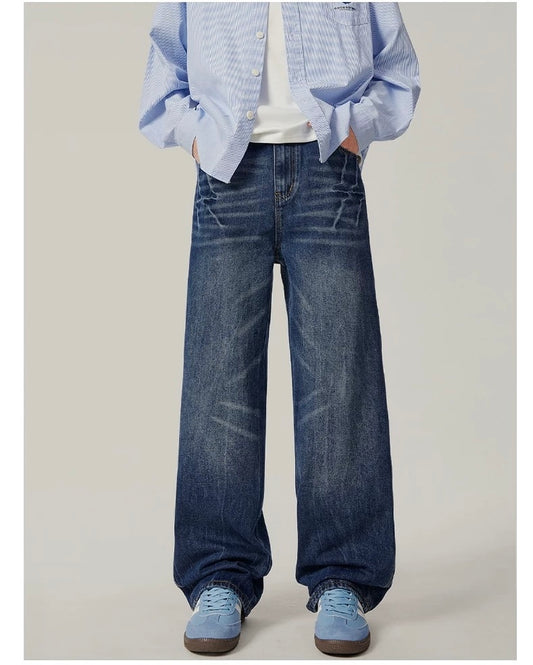 Men’s Vintage Washed Wide-Leg Jeans – American Retro Streetwear Denim T0138