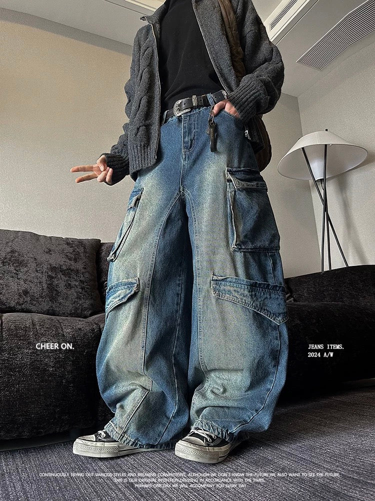 Washed High-Street Cargo Jeans - Heavy-Duty Patchwork Straight-Leg Unisex Pants B0109