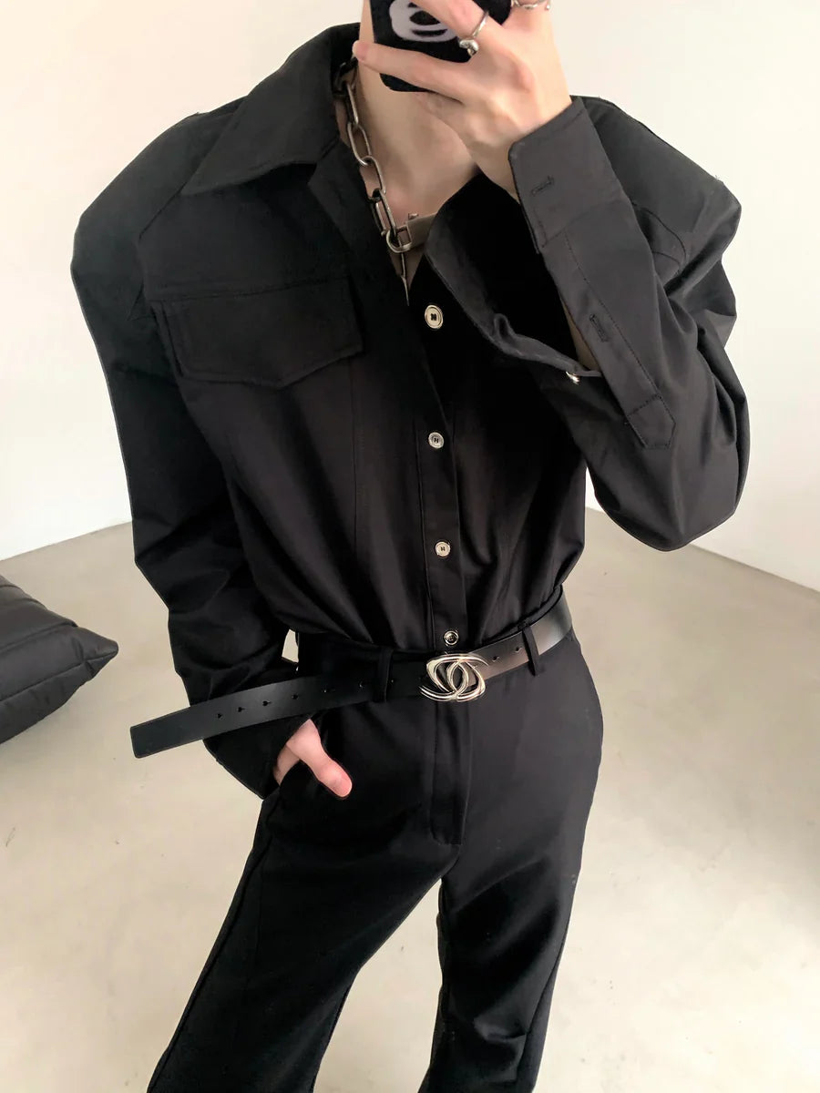 [AUTUMNWIND] BLACK SHOULDER PADS METAL PUNK SHIRT S0059