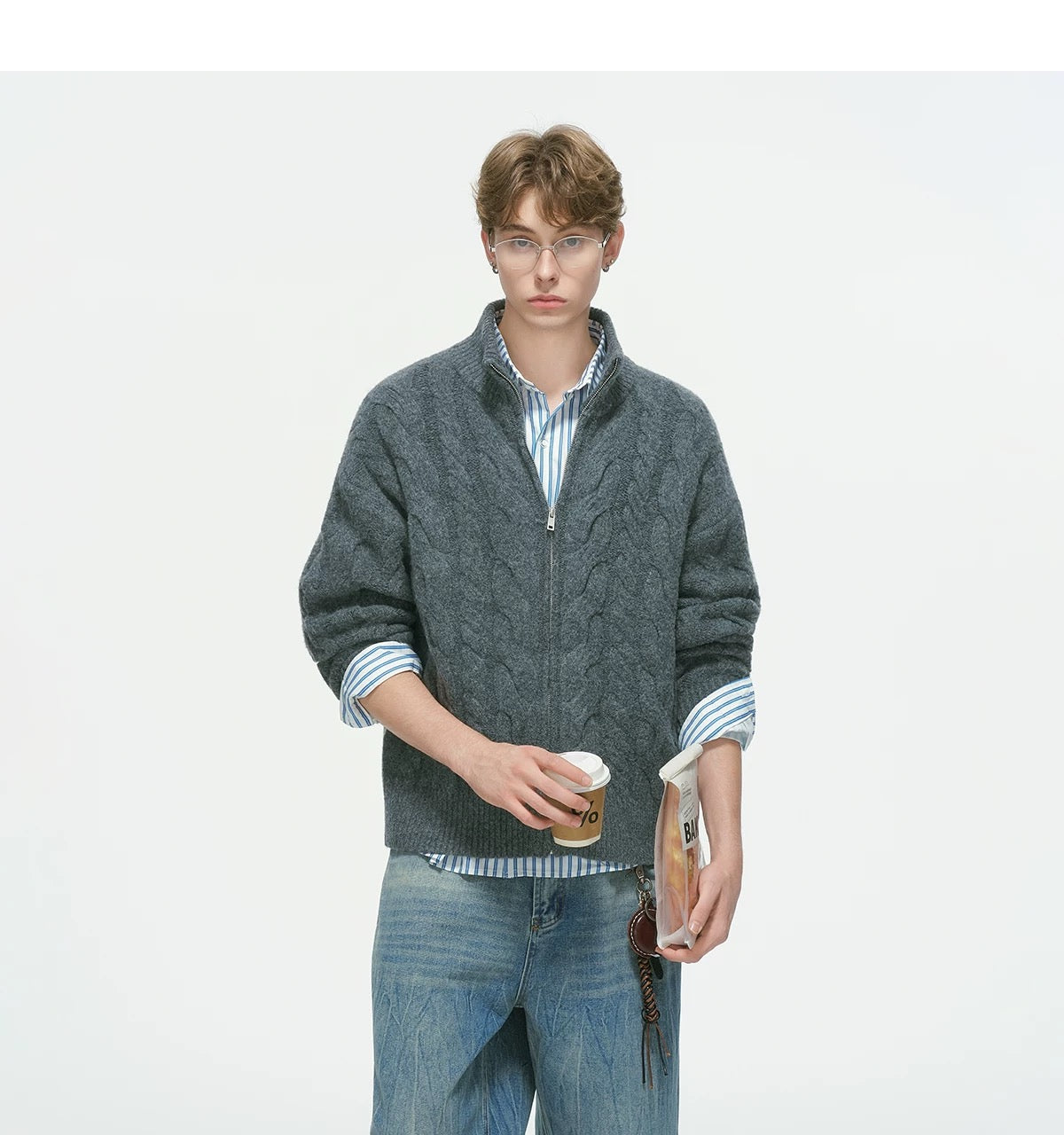 Vintage Cable Knit Turtleneck Sweater – American Retro Textured Pullover for MenS0026