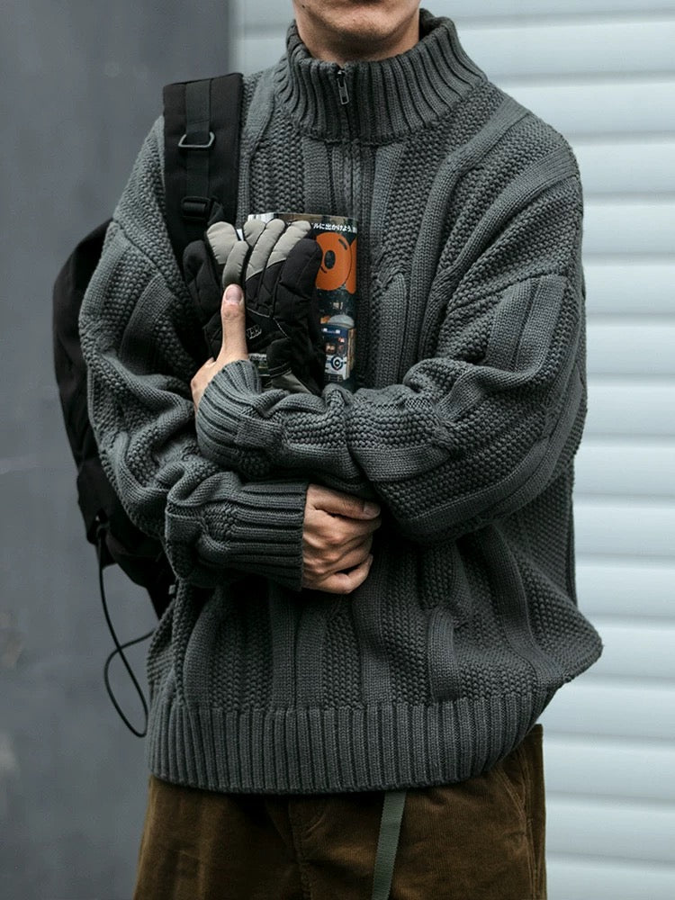 Suéter grueso de punto trenzado con cuello alto - Chaqueta gruesa estilo americano vintage con media cremallera T0015