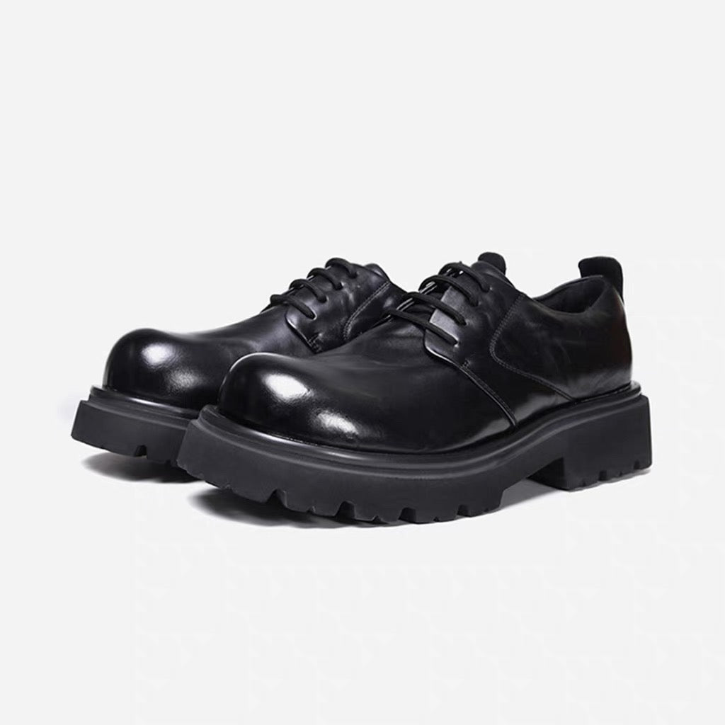 Black Washed Leather Derby Shoes - Chunky Platform Sole with Wrinkled Texture (Cleanfit Men's Footwear) S0001