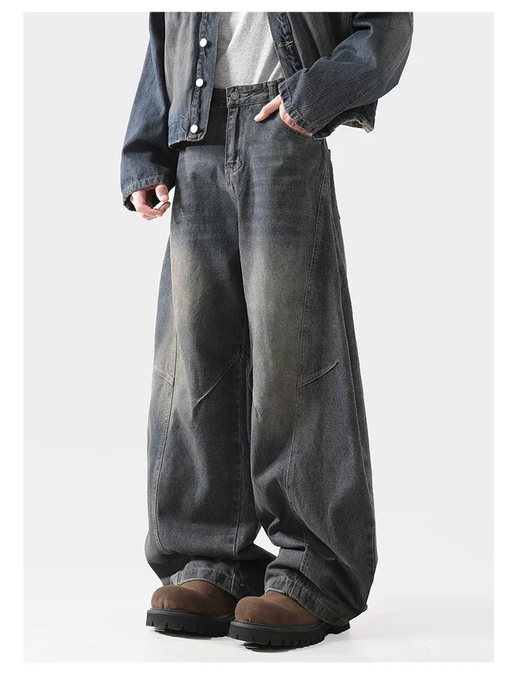 Men’s Structured Saber-Cut Jeans – American Retro Wide-Leg Denim Pants B0069