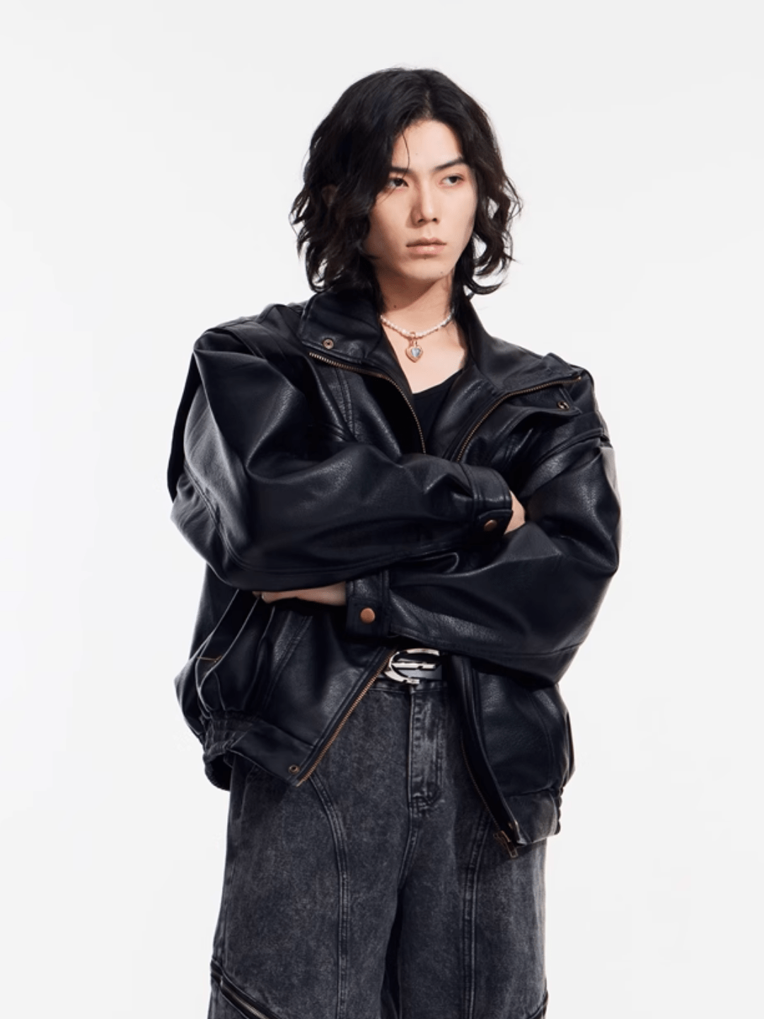[PeopleStyle] Genderless wear silhouette fashionable leather jacket T0166
