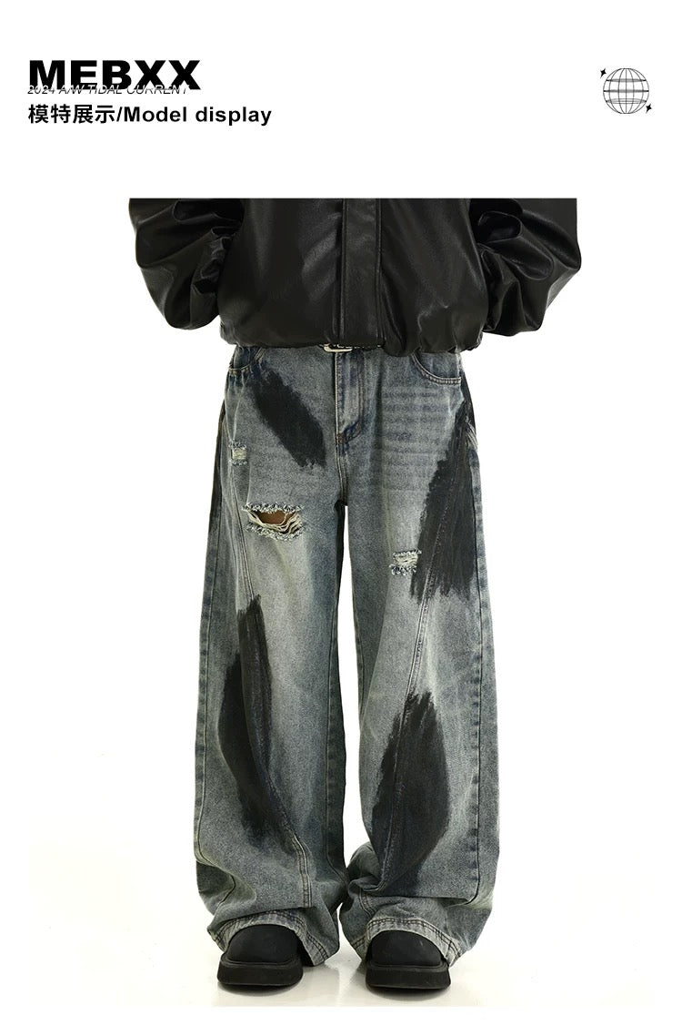 Men’s Graffiti Washed Distressed Jeans – Vintage American High Street Denim Pants B0059