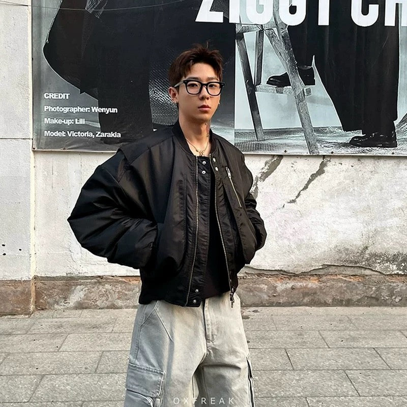 Men’s Cropped Bomber Puffer Jacket – American High Street Short Cotton Outerwear T0071