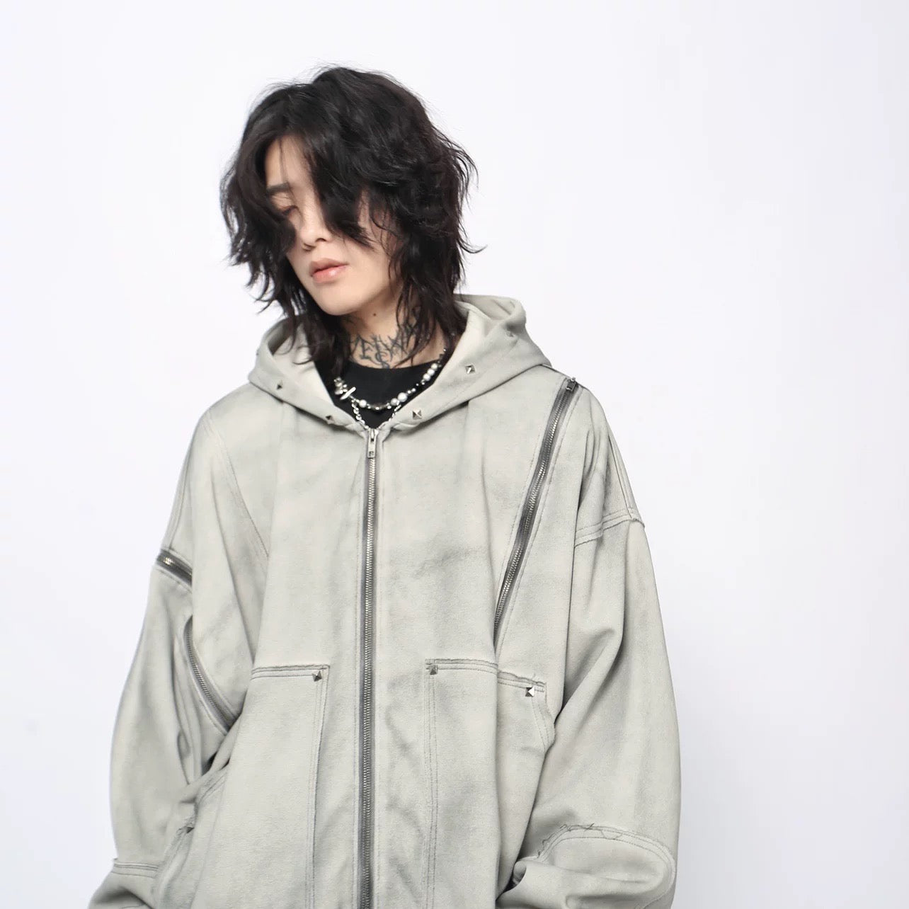 Men’s Heavyweight Streetwear Hooded Zip-Up Hoodie Painted Distressed Oversized Casual Jacket T0077