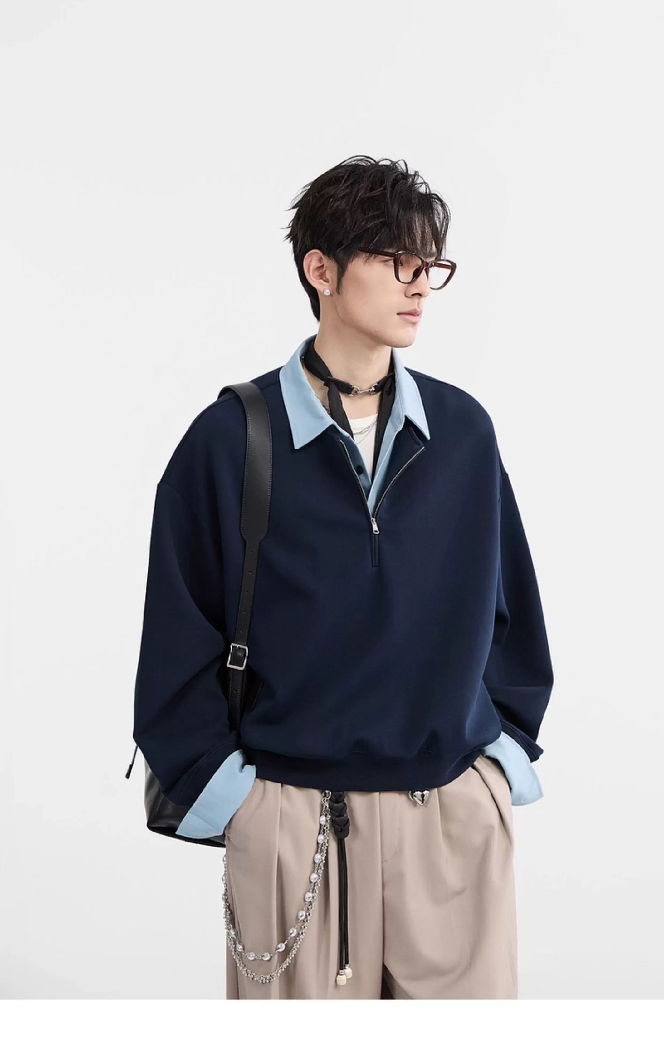 Sudadera con cuello camisero y bloques de color - Jersey extragrande Cleanfit con media cremallera para hombre T0047