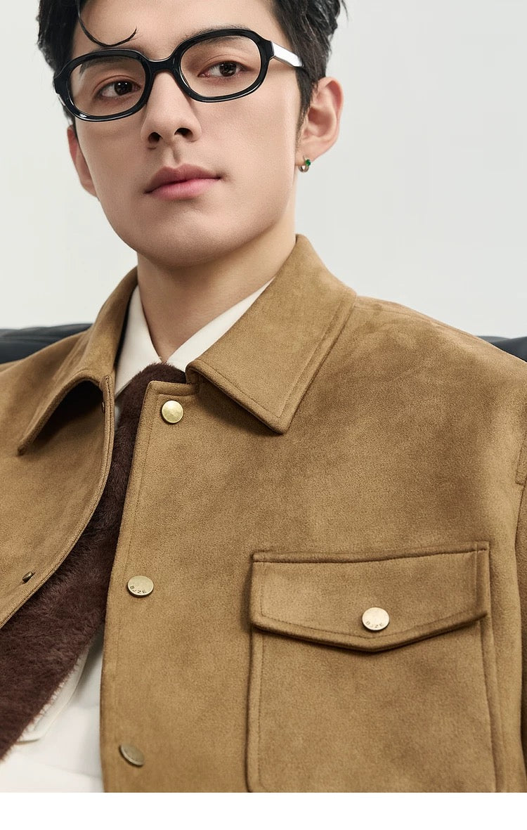 Chaqueta retro premium de ante sintético con solapa para hombre - Top corto informal para otoño T0039