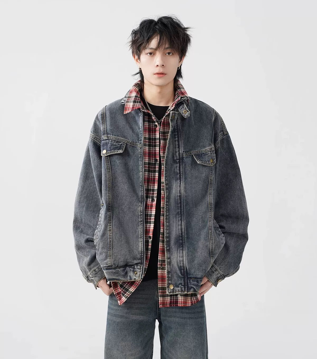 Men’s Vintage Washed Denim Jacket – American Retro Distressed Streetwear Outerwear T0046