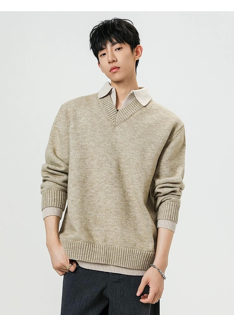 Vintage Layered Knit Sweater – Retro Patchwork Two-in-One Pullover for Men S0027