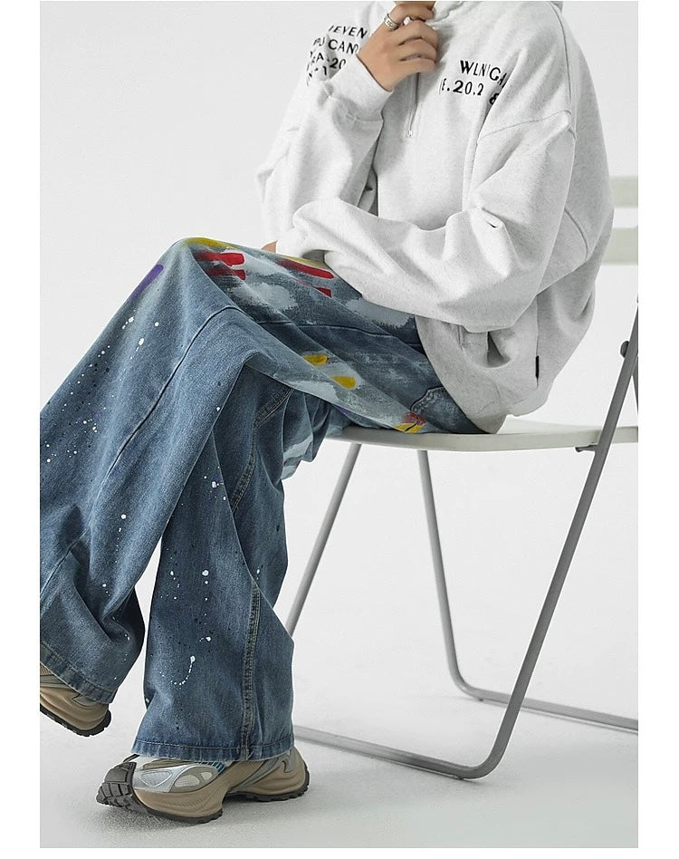 Men’s Graffiti Denim Jeans – Vintage American High Street Painted Streetwear Pants B0058