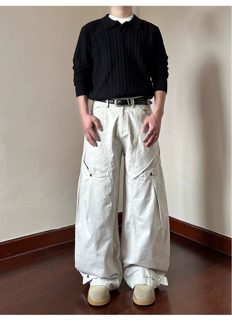 Men’s American Deconstructed Cargo Pants – Oversized Utility Streetwear Trousers B0051