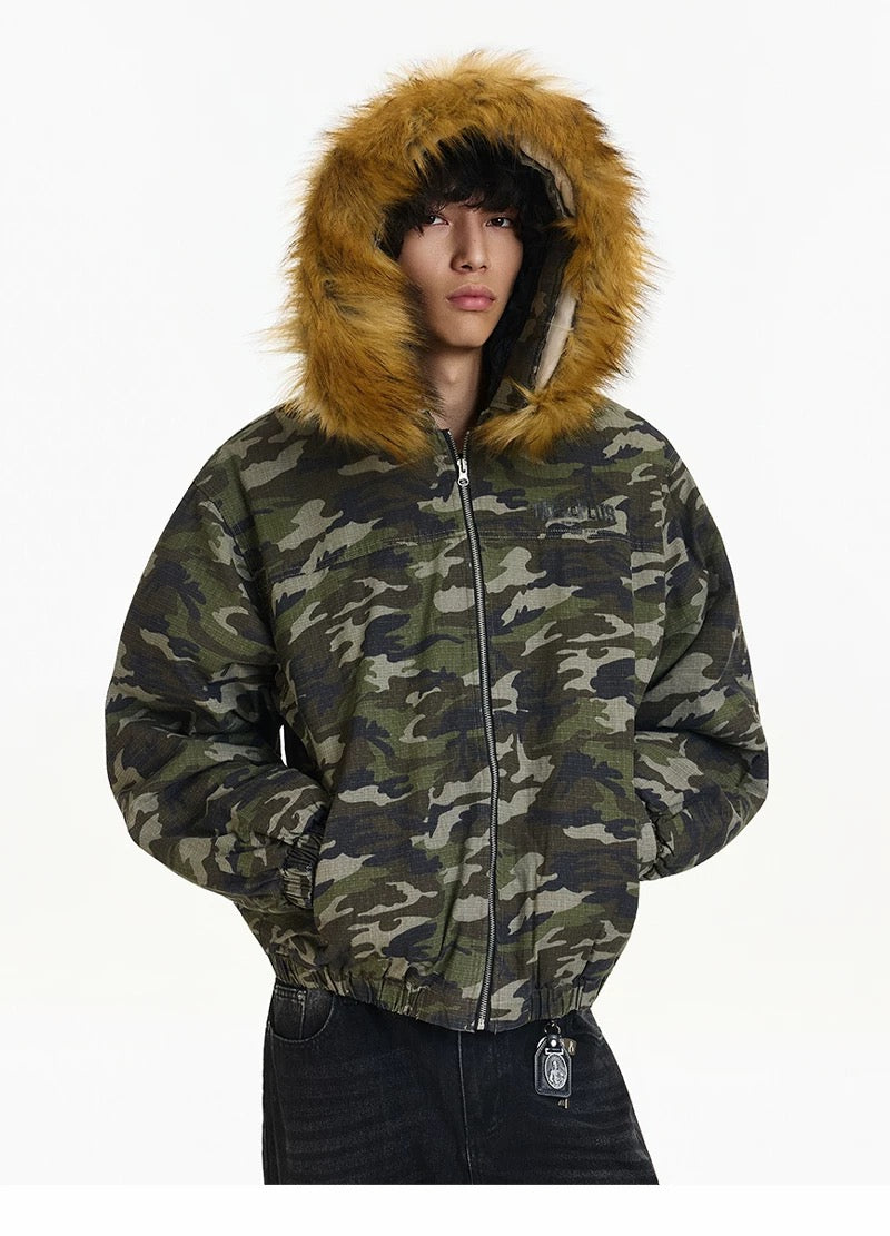 Men’s Vintage Camo Fur Hooded Puffer Jacket – American Retro Winter Street Coat T0056