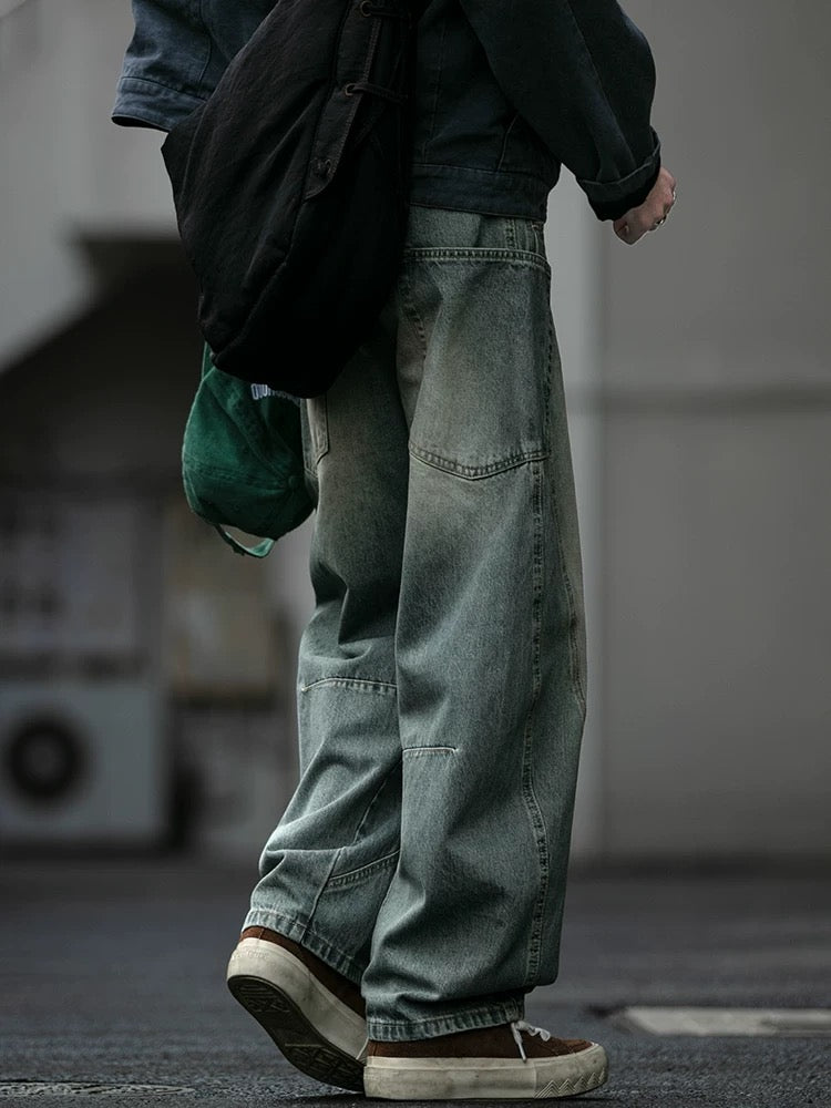 Vaqueros azules vintage desgastados de peso pesado, corte holgado Sabertooth deconstruido para hombre, estilo urbano, T0008