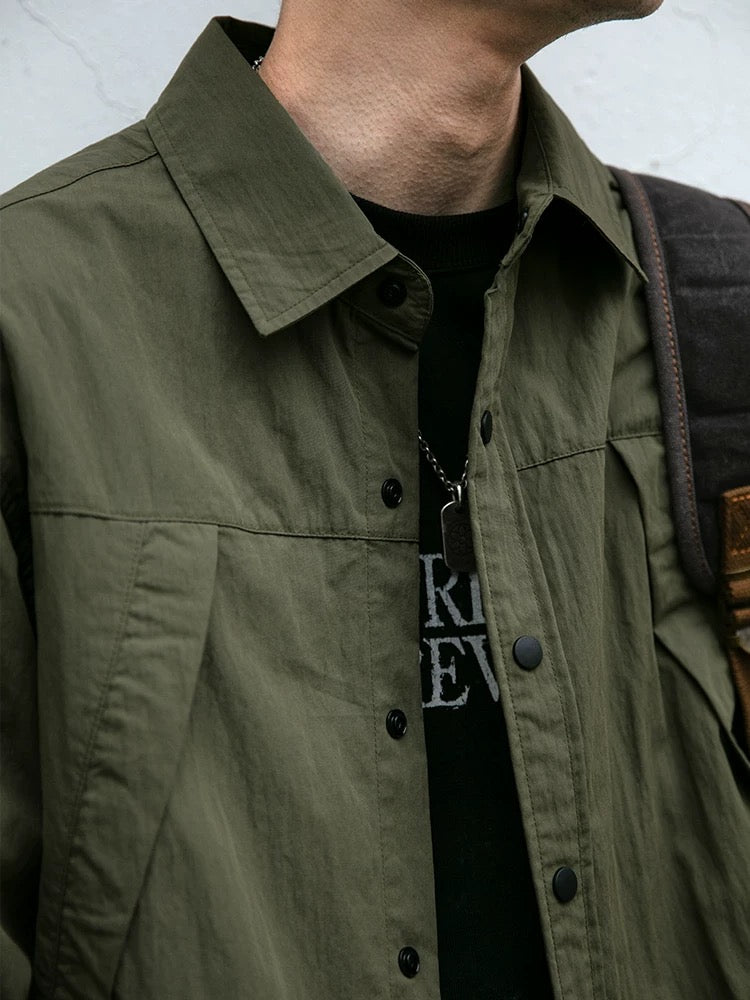 Vintage Washed Utility Shirt, Men's Distressed Panelled Long Sleeve, Oversized Streetwear Fashion T0010