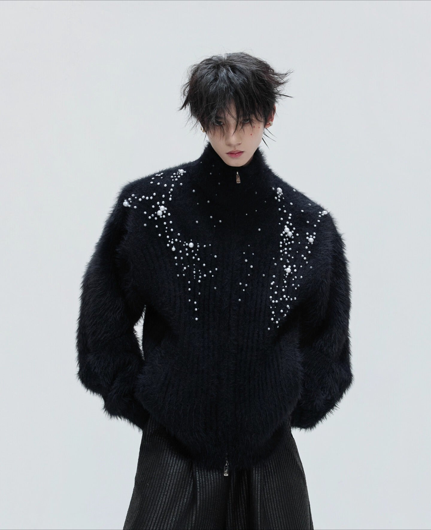 Turtleneck plush pearl embellished sweater cardigan extravagant thickened knitted sweater S0166