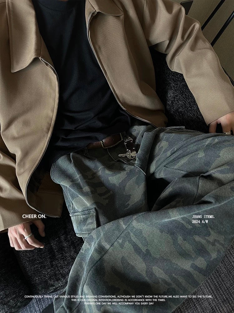 Heavyweight Vintage Camo Cargo Pants - Wide-Leg Relaxed Fit with Patchwork Pockets (Unisex Streetwear) B0104