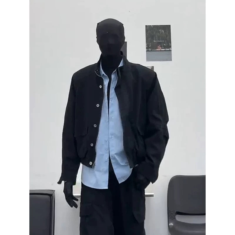 Men’s Short Utility Stand Collar Jacket – Vintage Workwear Streetwear Outerwear T0048