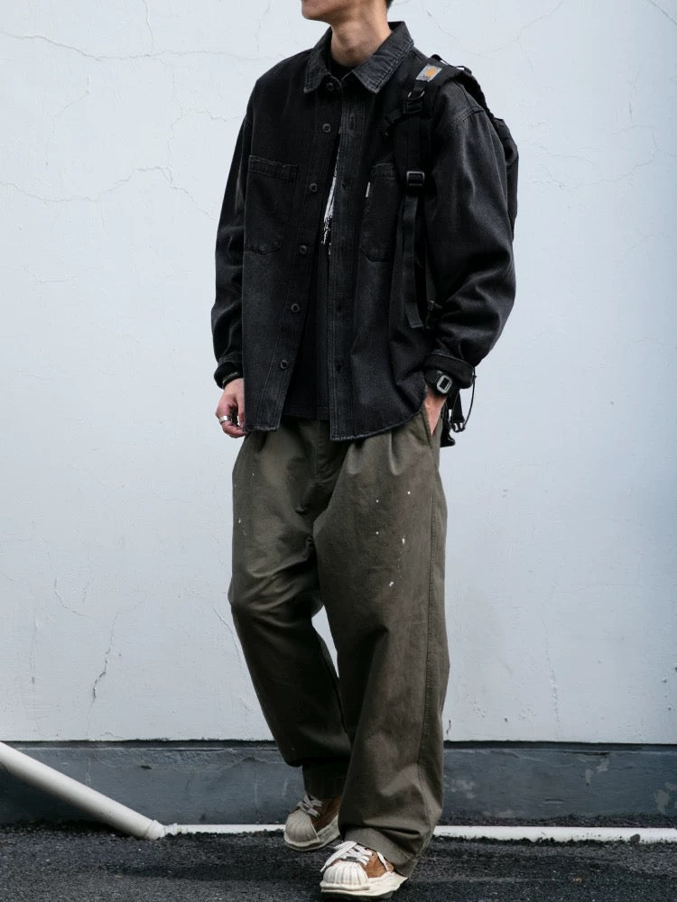 American Vintage Heavy-Duty Washed Distressed Denim Shirt - Men's Textured Relaxed Fit Utility Work Shirt Jacket T0020