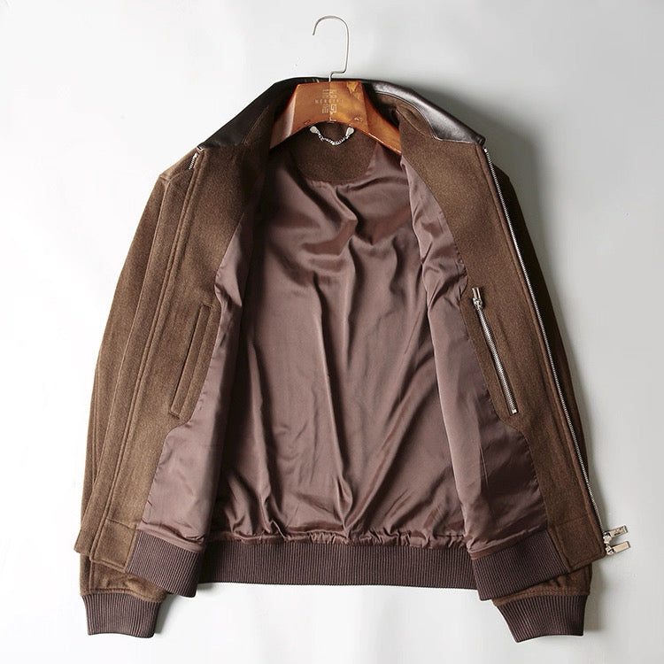 Chaqueta de aviador de piel auténtica – Bomber vintage americana con cremallera y cuello vuelto T0023