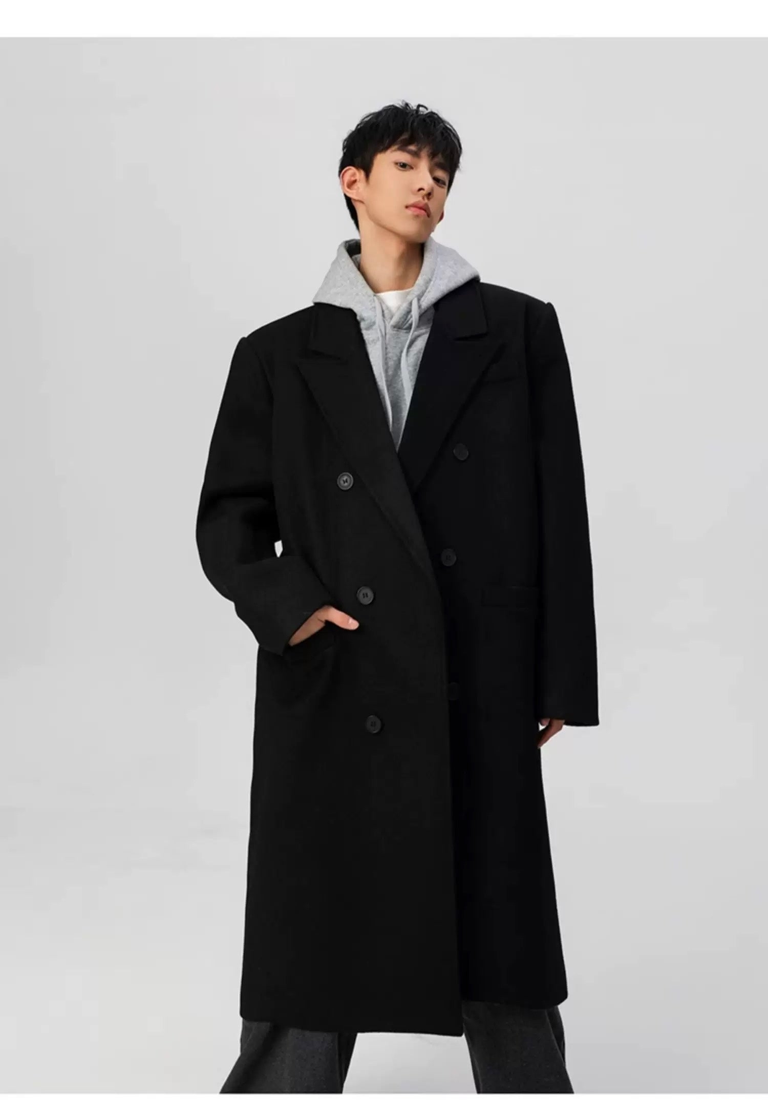 Men’s Long Wool Overcoat – American Vintage Street Tailored Winter Coat T0069