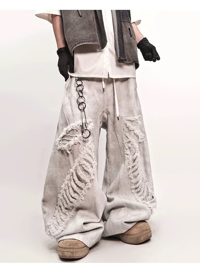 Men’s Vintage Distressed Washed White Denim Jeans Streetwear Loose Straight Mud-Dye Baggy Pants B0096