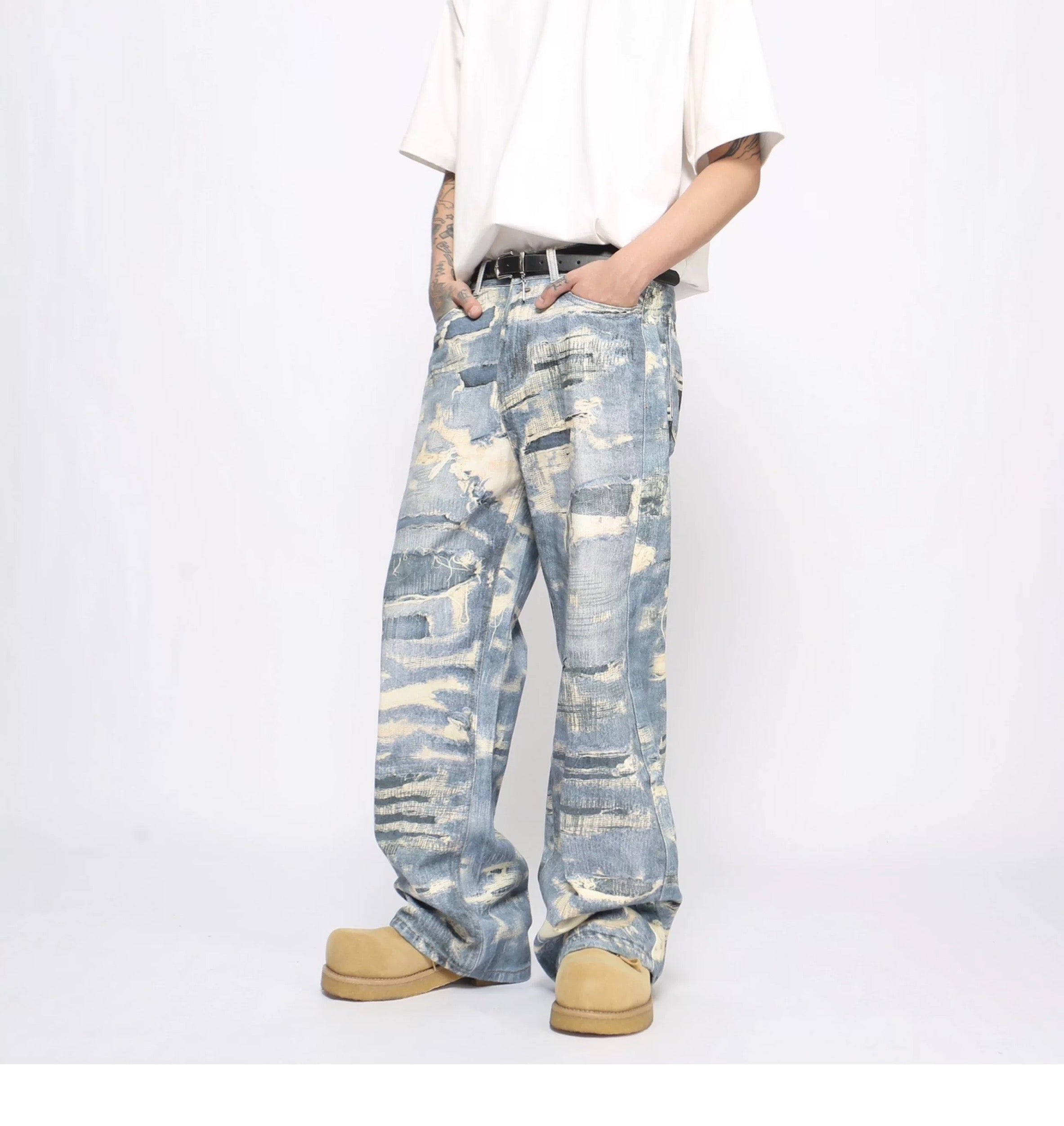 Men’s Distressed Printed Jeans – Vintage Washed Ripped Denim Pants B0079