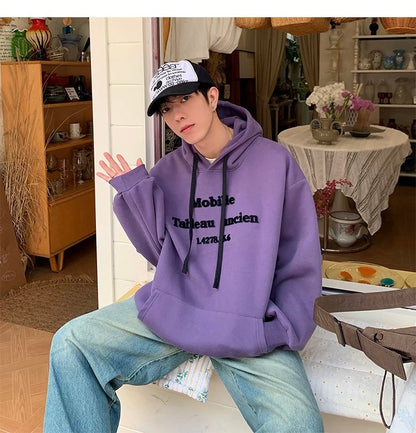 Men’s Vintage Brushed Embroidery Hoodie – Retro American Streetwear Pullover T0202