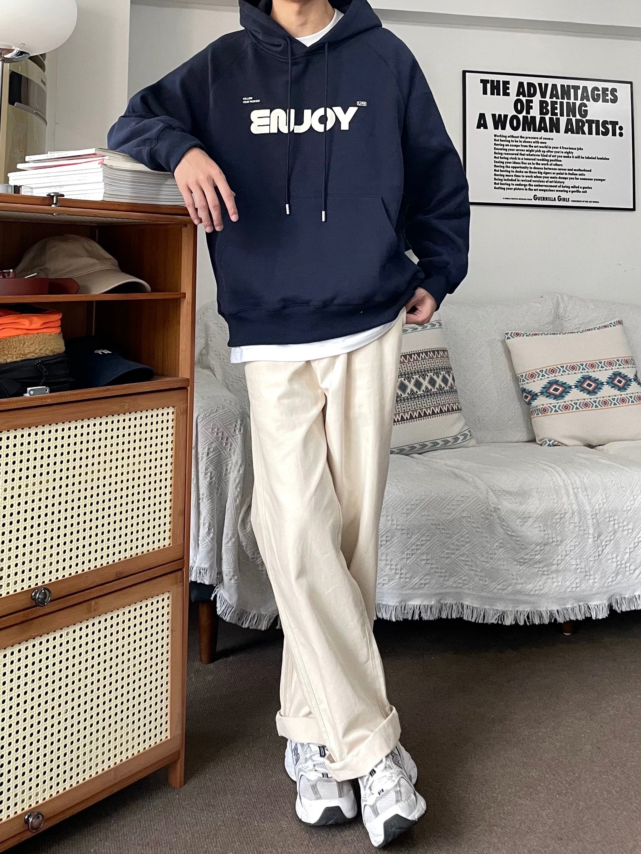 オーバーサイズレタープリントパーカー - 春秋用ボックスプルオーバースウェットシャツ（ユニセックスカジュアルウェア）T0031