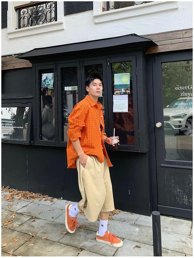 American Streetwear Orange Plaid Shirt – Vintage Long Sleeve Flannel for Men T0241