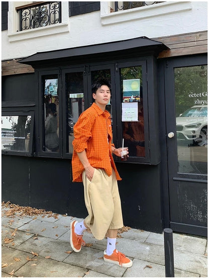 American Streetwear Orange Plaid Shirt – Vintage Long Sleeve Flannel for Men T0241