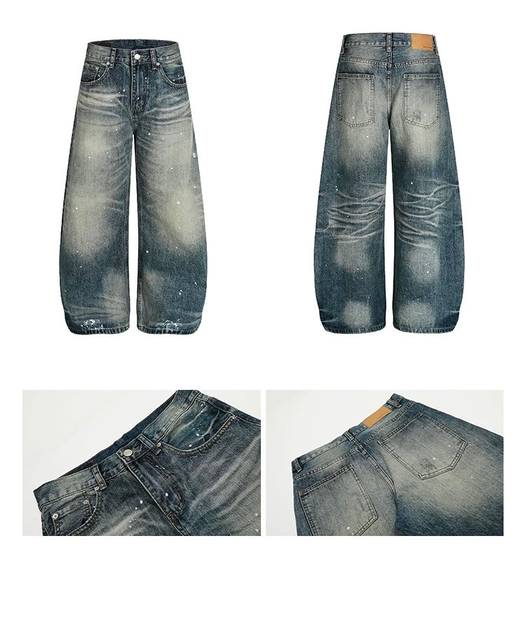 Men’s American Washed Splatter Blade-Cut Jeans – Vintage Distressed Streetwear Denim B0047