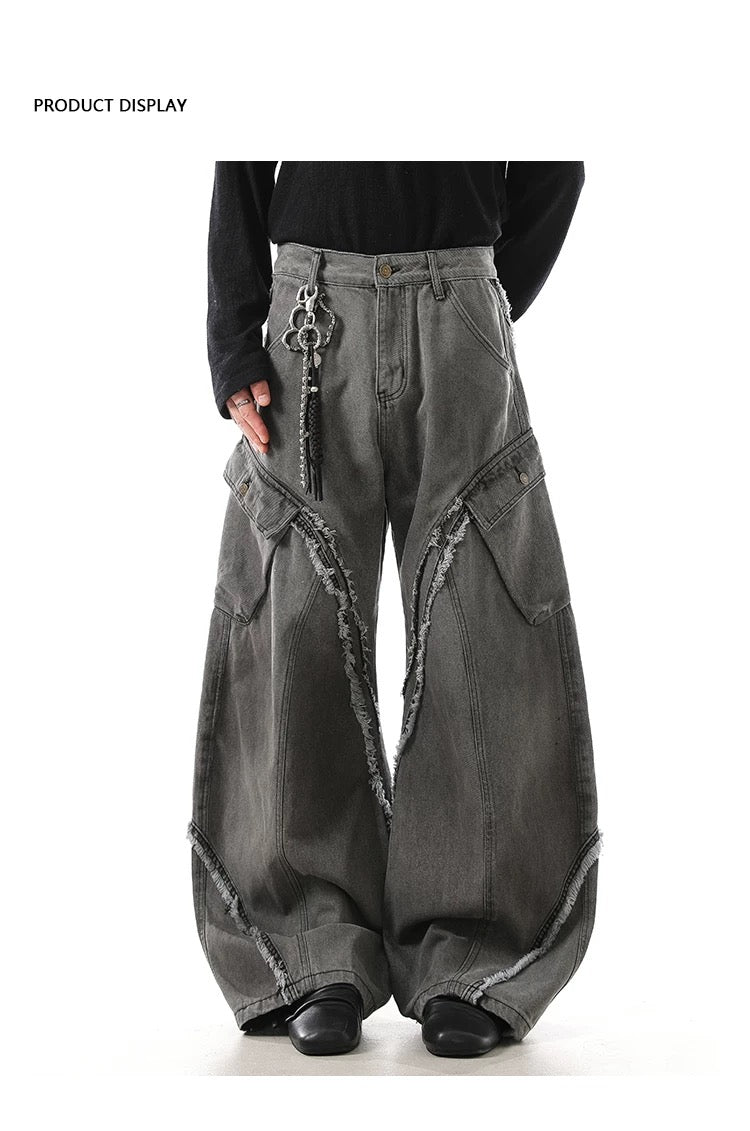 Men’s Vintage Deconstructed Denim Jeans – American Raw-Edge Curved Cut Wide-Leg Pants B0088