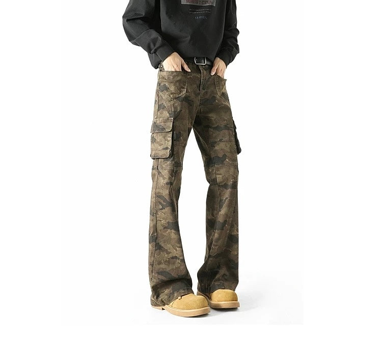 Men’s Camouflage Flared Cargo Jeans – American Vintage Workwear Street Denim B0078