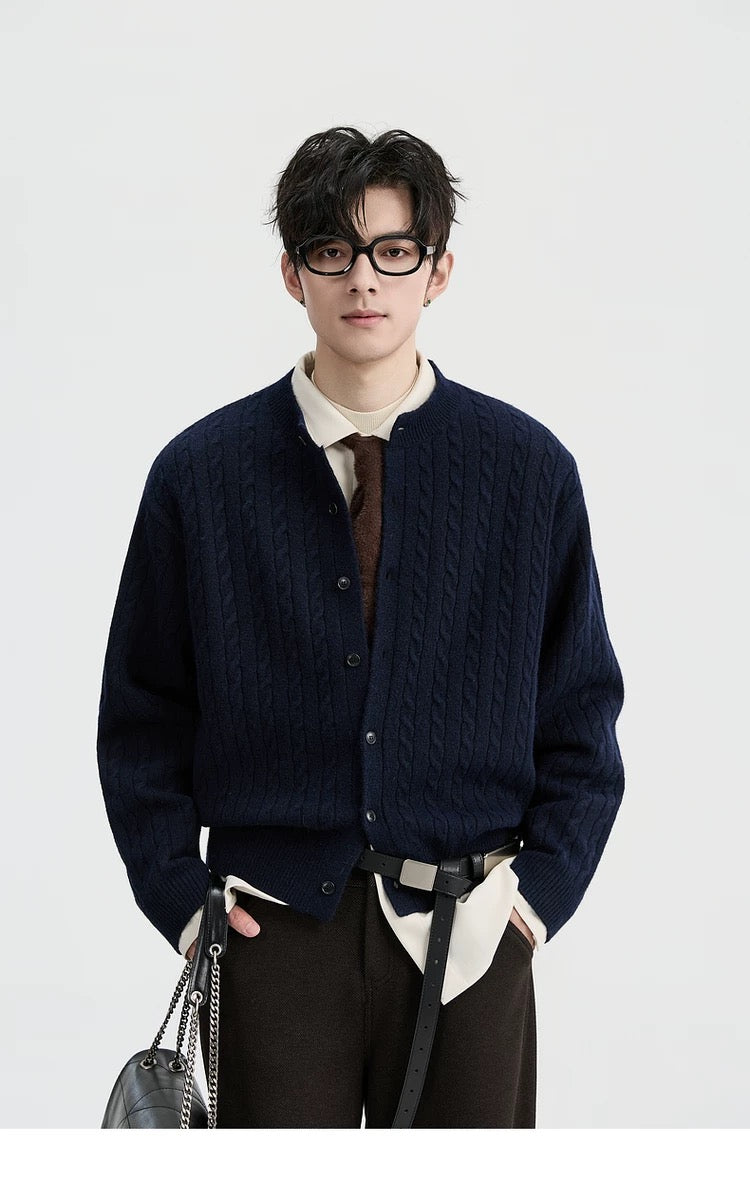 Jacquard Retro-Style Henry Neck Sweater Cardigan for Men - Wool-Blend Knitted Outerwear for Autumn & Winter T0038