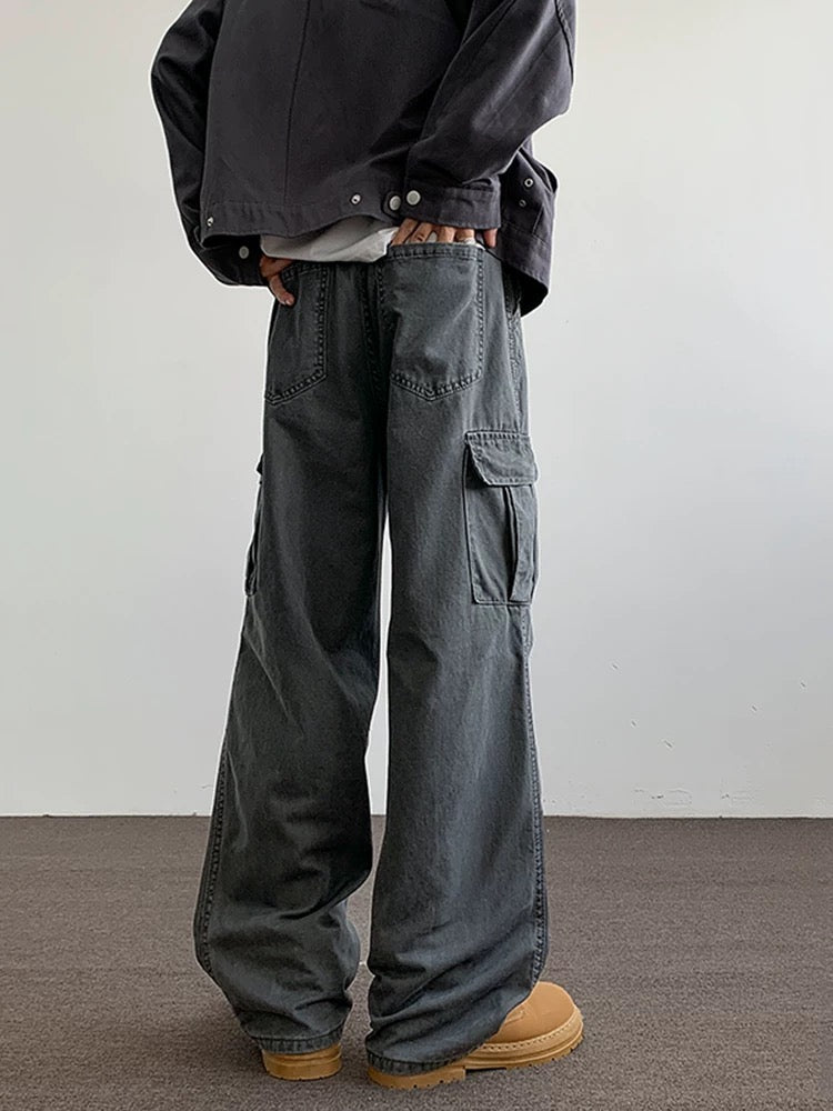 Men’s Gray Multi-Pocket Cargo Pants – Utility Streetwear Loose Fit Trousers B0062
