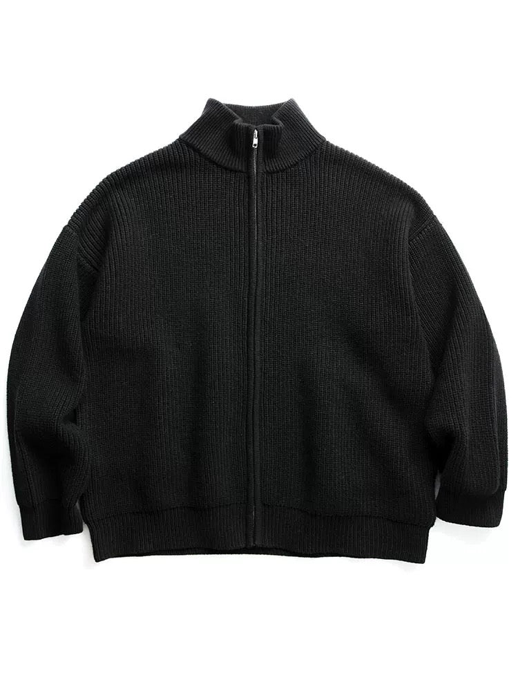 Autumn Winter Vintage Zip-Front Cardigan Men's Relaxed Fit Thickened Knit Sweater Stand Collar Coat T0016