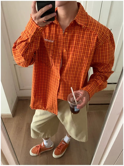 American Streetwear Orange Plaid Shirt – Vintage Long Sleeve Flannel for Men T0241