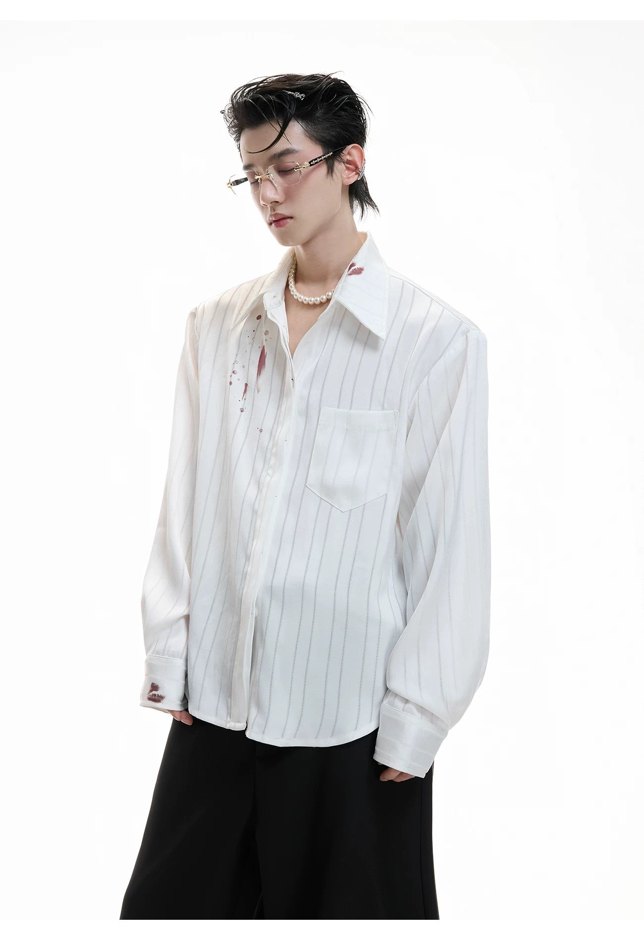 Hot Kiss Misty Realm Striped Satin Lipstick Print Shirt, Luxurious Textured Cardigan Top T0037