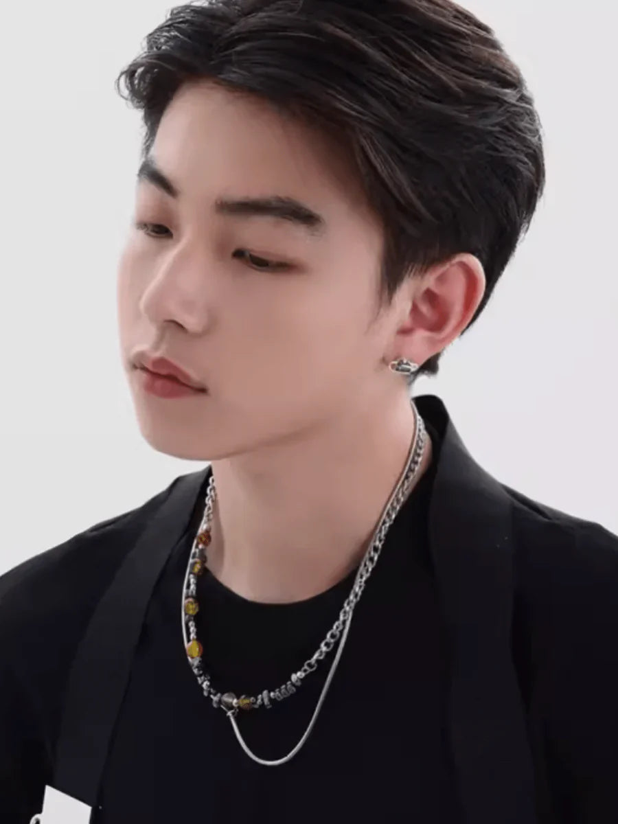 EARTH COLOR IRREGULAR STONE TITANIUM CHAIN NECKLACE A0054