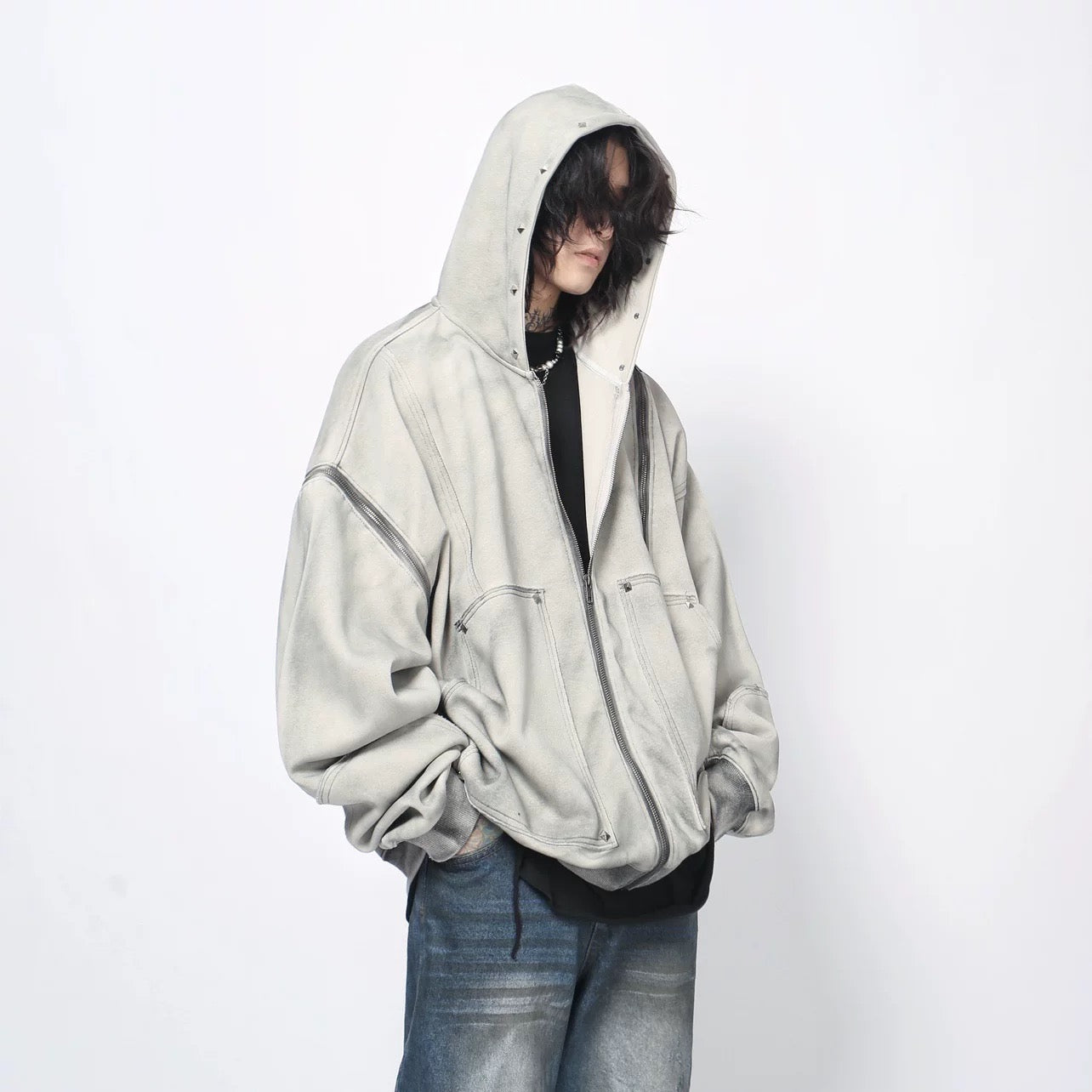 Men’s Heavyweight Streetwear Hooded Zip-Up Hoodie Painted Distressed Oversized Casual Jacket T0077
