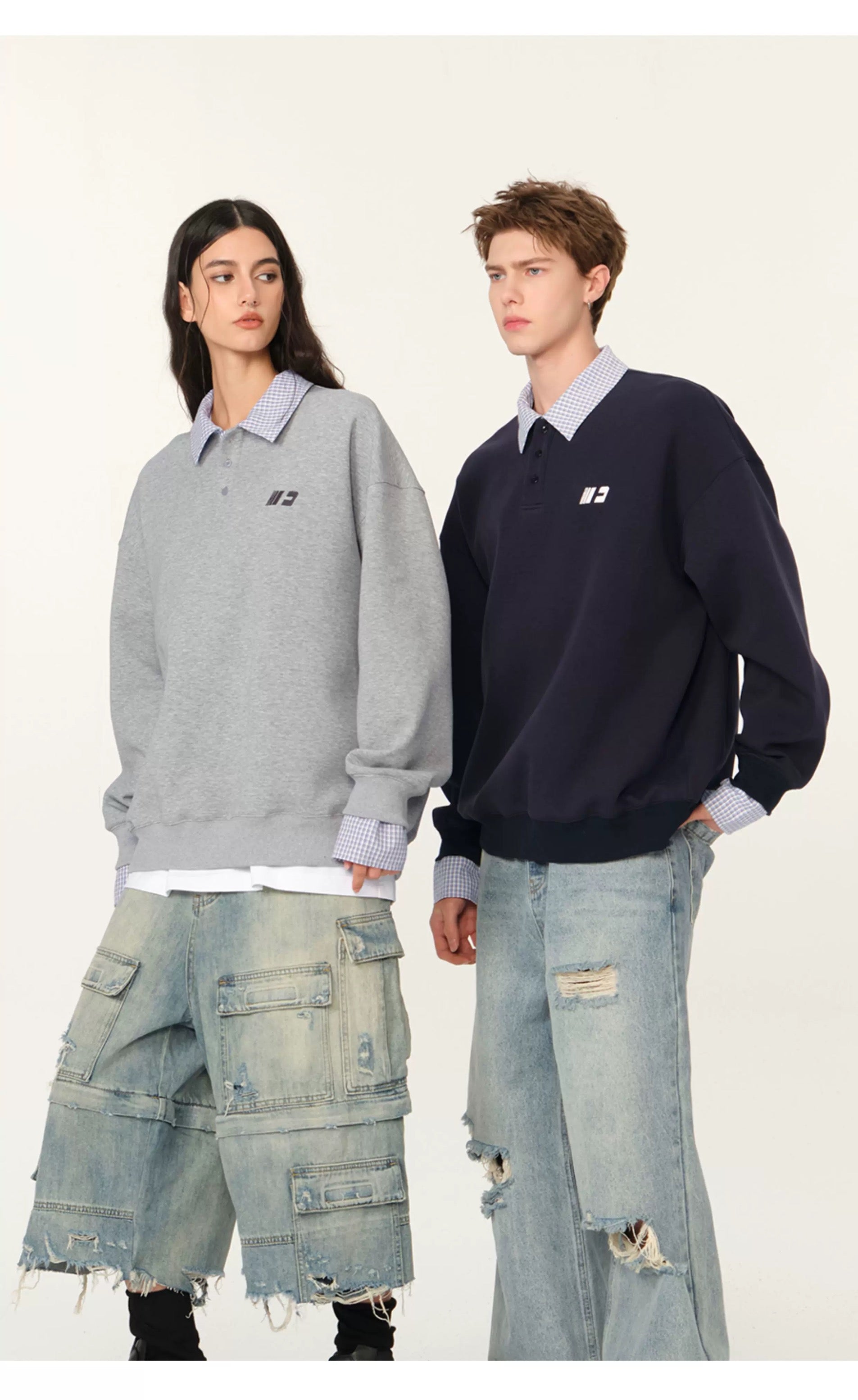 Men’s Layered Polo Sweatshirt – Air Layer Fabric Retro Street Pullover S0041