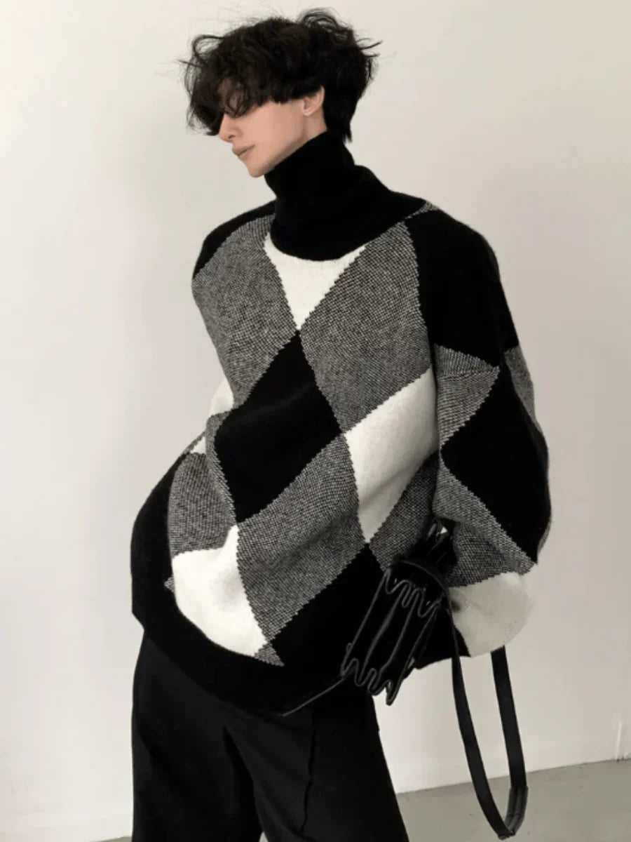 [AUTUMNWIND] BLACK AND WHITE HIGH-END DESIGN TURTLENECK SWEATER S0181