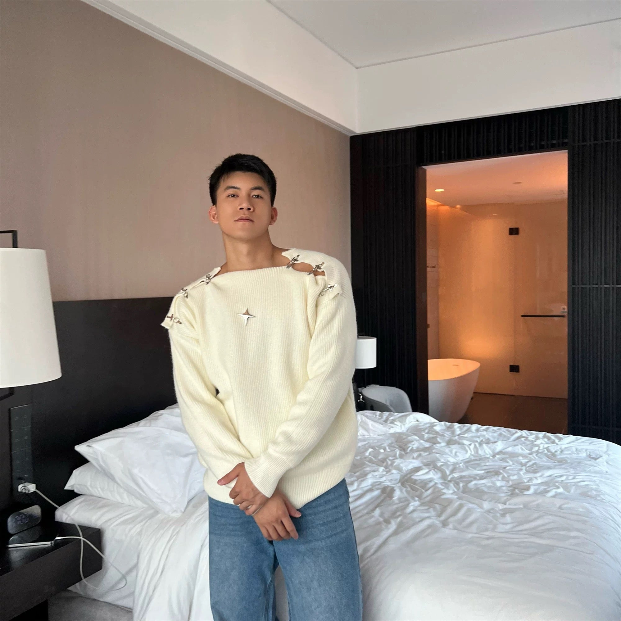 Suéter de punto con hebilla para hombre | Suéter holgado y cálido con estilo urbano T0056