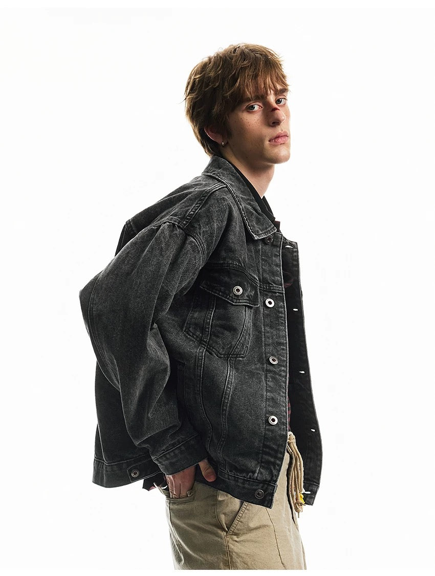 Men’s Vintage Washed Denim Jacket – American Retro Distressed Streetwear Outerwear T0052