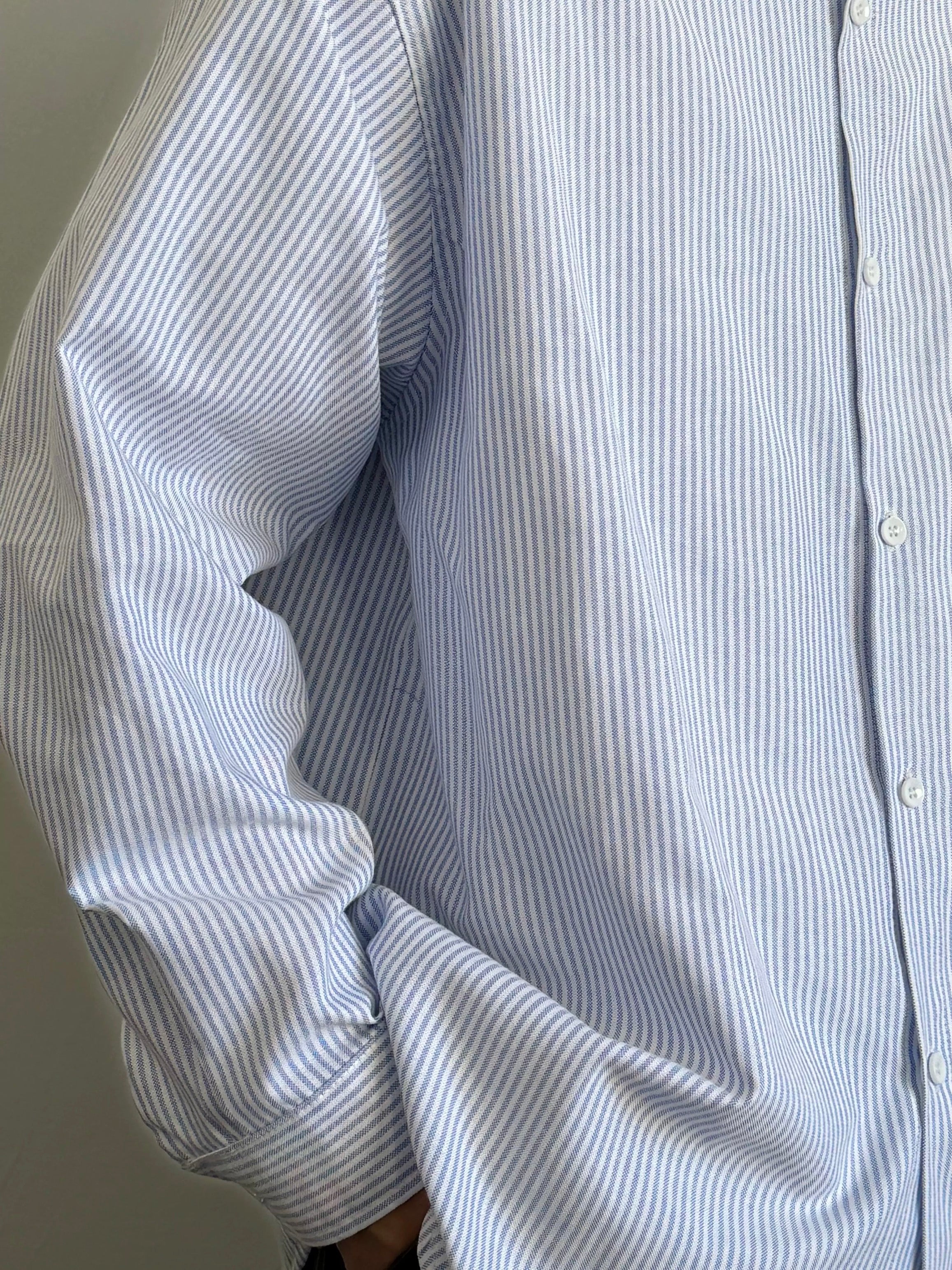 ブルー＆ホワイトストライプオックスフォードシャツ - リラックスワークウェアスタイル長袖シャツジャケット（カジュアルユニセックス）T0033