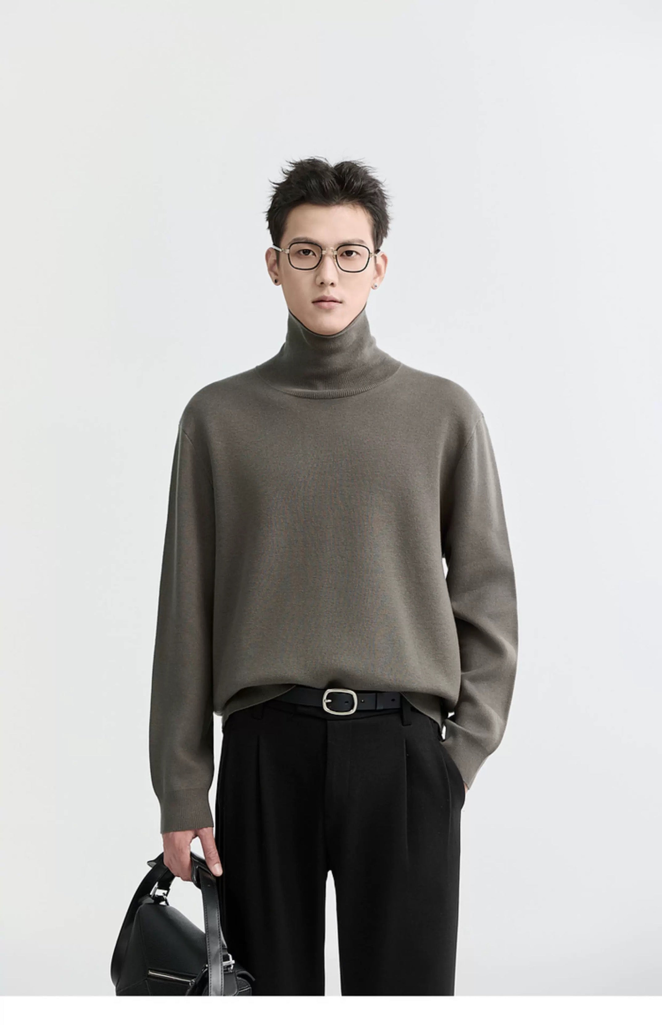 Suéter de punto de cuello alto para hombre - Capa base con forro polar grueso para otoño e invierno T0041